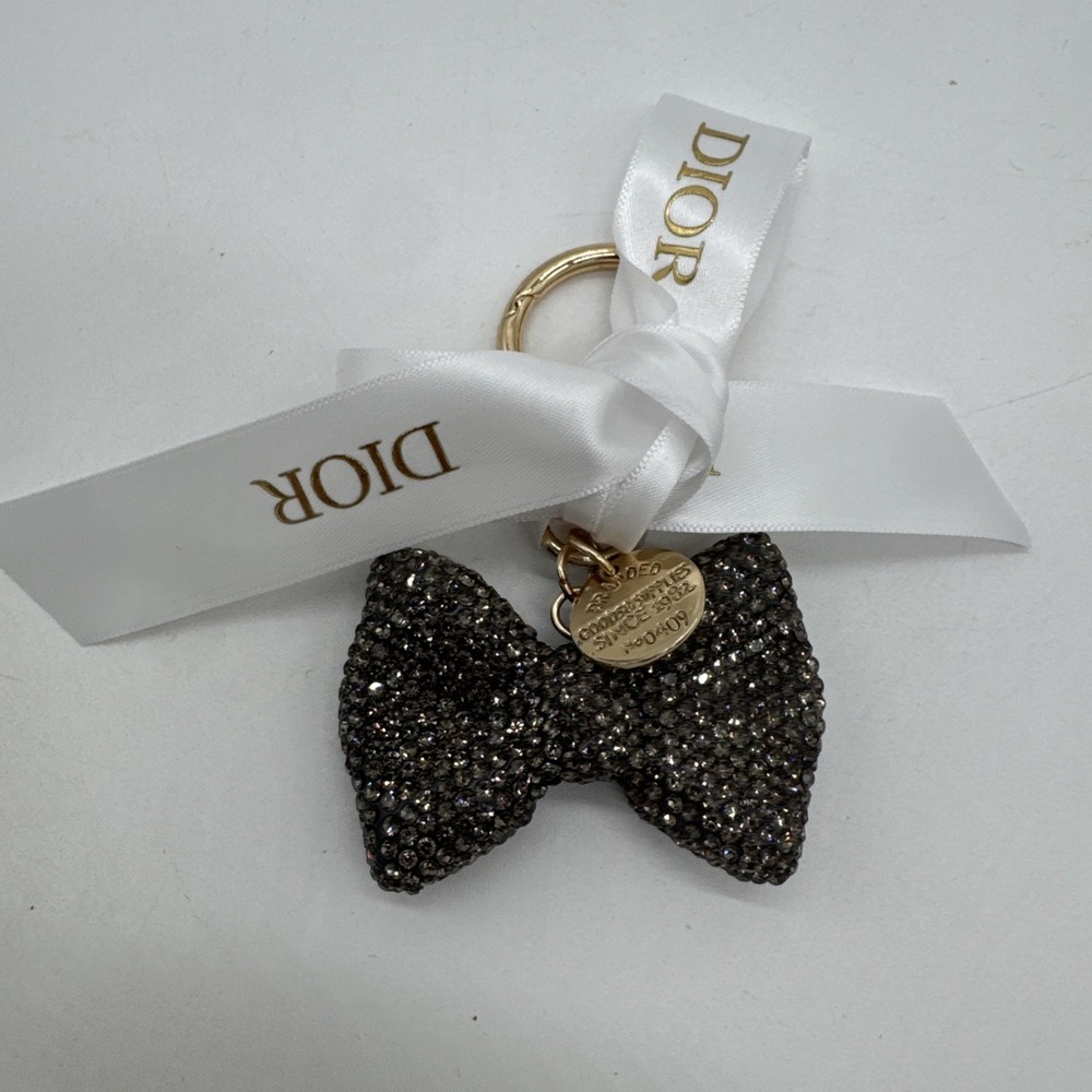 Christian Dior Crystal Bow Charm Keychain Gold Tone Dior Ribbon New